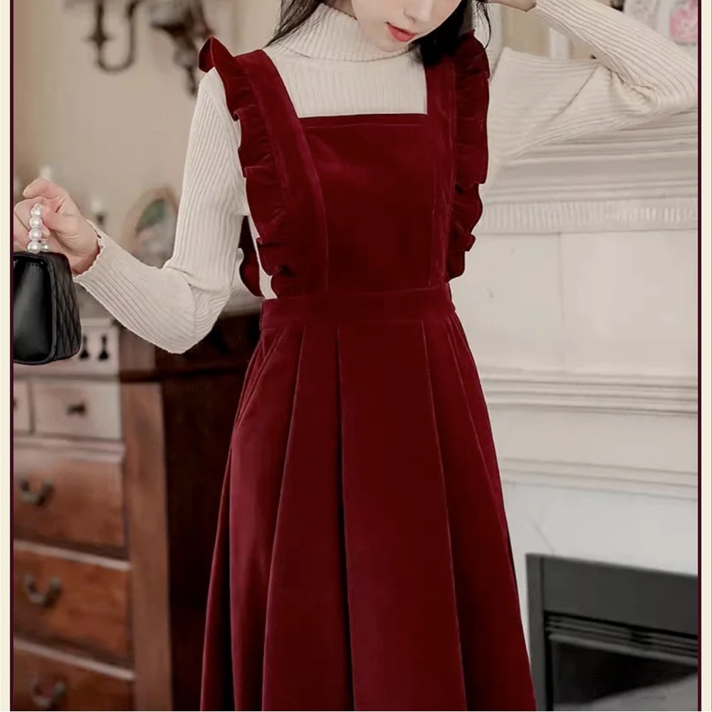Frilly Velvet Apron‎ Pinafore Dress-Burgundy Red-XS/S - Picture 2 of 15